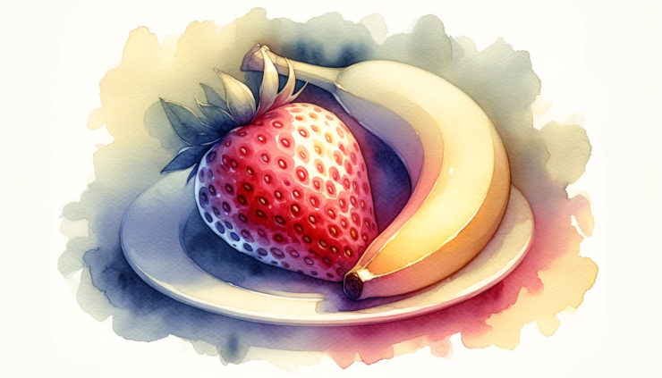 watercolor-style subliminal clipart of a strawberry and banana together on a plate in landscape orientation.