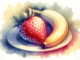 watercolor-style subliminal clipart of a strawberry and banana together on a plate in landscape orientation.