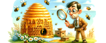 a cute beehive overflowing with honey, surrounded by playful bees, and a funny-looking man examining the hive with a magnifying glass, all depicted in a charming watercolor style.