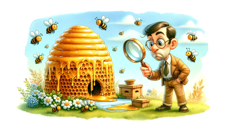 a cute beehive overflowing with honey, surrounded by playful bees, and a funny-looking man examining the hive with a magnifying glass, all depicted in a charming watercolor style.