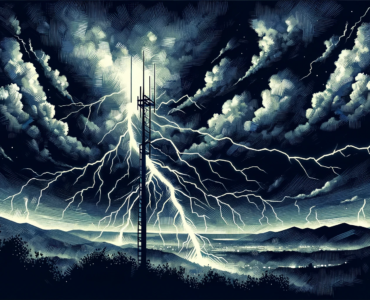 acrylic-style clipart depicting lightning striking a lightning rod during a night scene in a landscape orientation.