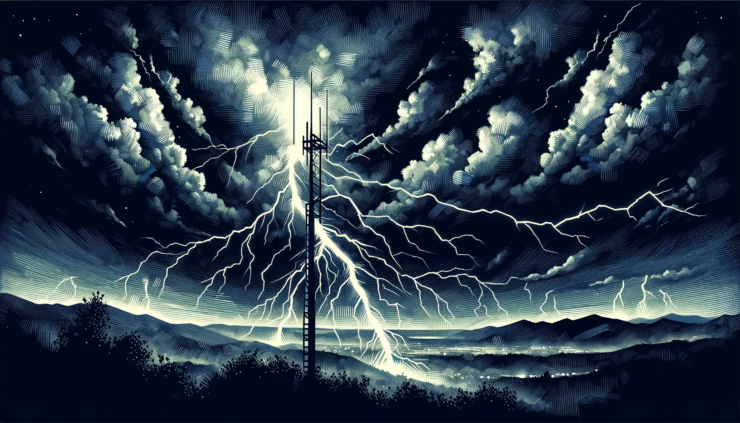 acrylic-style clipart depicting lightning striking a lightning rod during a night scene in a landscape orientation.