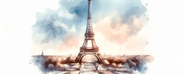 A watercolor subliminal clipart of the Eiffel Tower in a landscape orientation, capturing its grandeur and elegance in a stylized, semi-abstract manner.