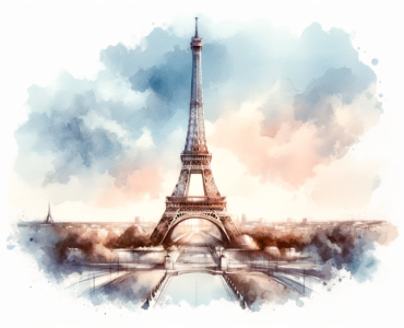 A watercolor subliminal clipart of the Eiffel Tower in a landscape orientation, capturing its grandeur and elegance in a stylized, semi-abstract manner.