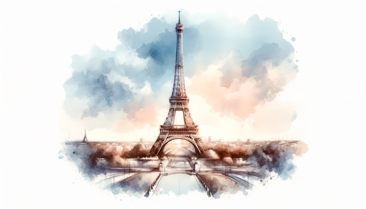 A watercolor subliminal clipart of the Eiffel Tower in a landscape orientation, capturing its grandeur and elegance in a stylized, semi-abstract manner.