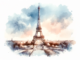 A watercolor subliminal clipart of the Eiffel Tower in a landscape orientation, capturing its grandeur and elegance in a stylized, semi-abstract manner.