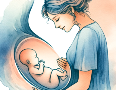 watercolor clipart image of a mother talking to her baby inside her womb, created in a subliminal and artistic style.