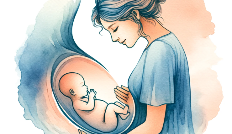 watercolor clipart image of a mother talking to her baby inside her womb, created in a subliminal and artistic style.