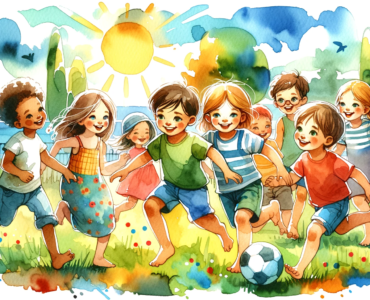 watercolor clipart image of children playing together outside, created in a vibrant and joyful style.