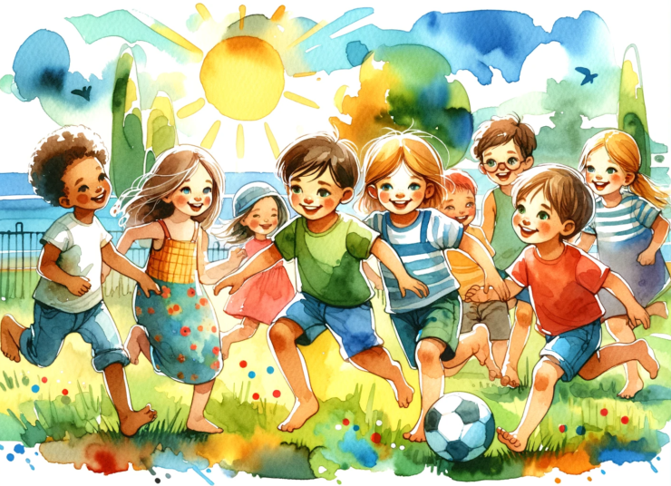 watercolor clipart image of children playing together outside, created in a vibrant and joyful style.