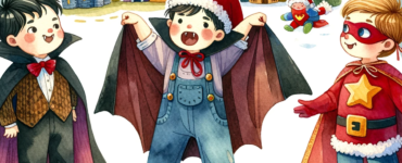 watercolor clipart image of three children playing pretend Dracula, Santa Claus, and a superhero.