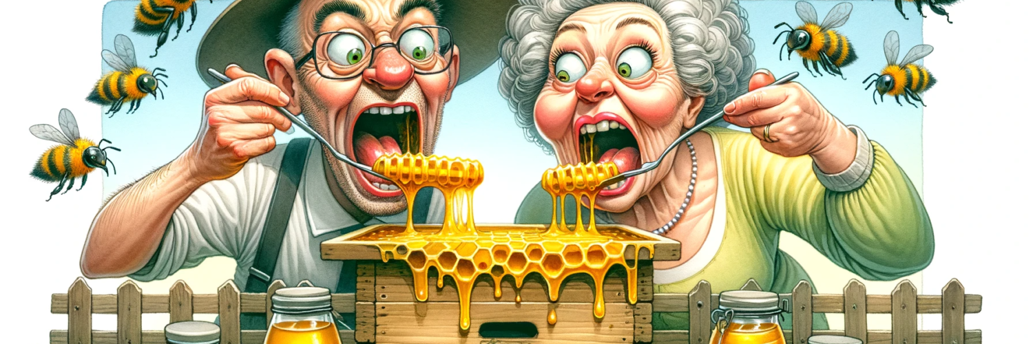 a funny-looking couple enjoying honey from a beehive, with playful bees buzzing around them. The scene captures a whimsical and lighthearted moment.