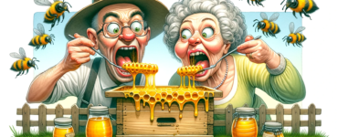 a funny-looking couple enjoying honey from a beehive, with playful bees buzzing around them. The scene captures a whimsical and lighthearted moment.