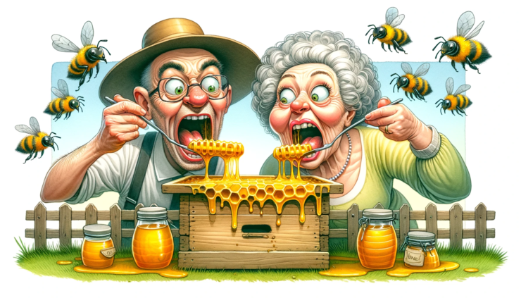 a funny-looking couple enjoying honey from a beehive, with playful bees buzzing around them. The scene captures a whimsical and lighthearted moment.