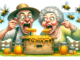 a funny-looking couple enjoying honey from a beehive, with playful bees buzzing around them. The scene captures a whimsical and lighthearted moment.