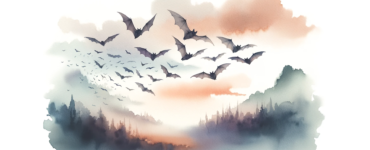 a watercolor subliminal clipart of bats flying around in a landscape orientation. This artistic representation captures the grace and serenity of bats in flight, set against a dreamy, ethereal watercolor background.