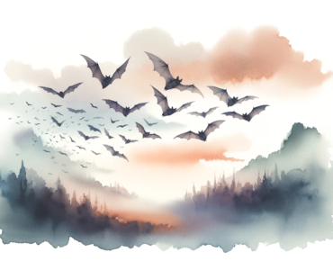 a watercolor subliminal clipart of bats flying around in a landscape orientation. This artistic representation captures the grace and serenity of bats in flight, set against a dreamy, ethereal watercolor background.