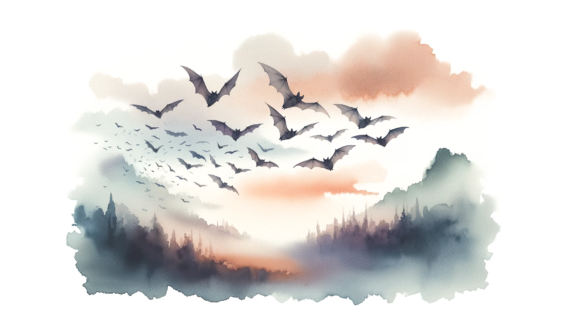 a watercolor subliminal clipart of bats flying around in a landscape orientation. This artistic representation captures the grace and serenity of bats in flight, set against a dreamy, ethereal watercolor background.