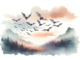 a watercolor subliminal clipart of bats flying around in a landscape orientation. This artistic representation captures the grace and serenity of bats in flight, set against a dreamy, ethereal watercolor background.