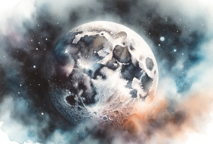 a watercolor subliminal clipart of the Moon's surface in outer space, created in a landscape orientation.