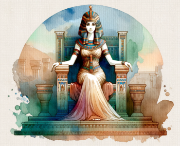 A watercolor clipart of Cleopatra sitting on her throne, presented in a landscape orientation.