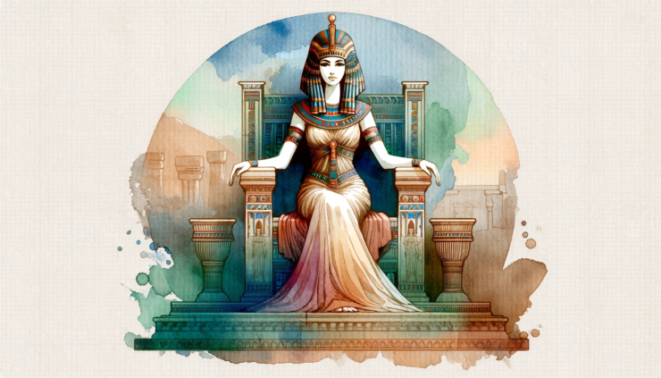 A watercolor clipart of Cleopatra sitting on her throne, presented in a landscape orientation.