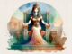 A watercolor clipart of Cleopatra sitting on her throne, presented in a landscape orientation.
