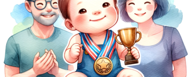 a watercolor style clipart depicting a baby with medals and holding a small trophy, with two parents looking on happily. The scene conveys a sense of achievement and family happiness.