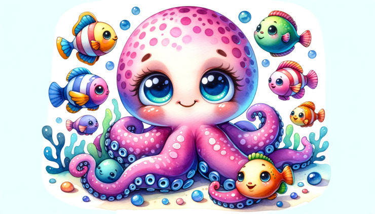 A cute and funny-looking octopus with friendly mini-sized fishes, now in a landscape orientation. The playful and whimsical underwater scene is depicted in vibrant colors and a cartoon-like style.