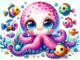 A cute and funny-looking octopus with friendly mini-sized fishes, now in a landscape orientation. The playful and whimsical underwater scene is depicted in vibrant colors and a cartoon-like style.