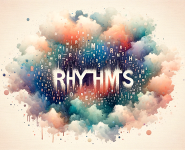 watercolor subliminal clipart featuring the word "Rhythms" in landscape orientation, with additional random words scattered around it.