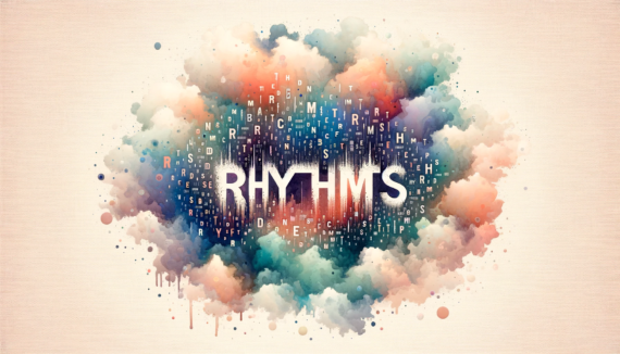 watercolor subliminal clipart featuring the word "Rhythms" in landscape orientation, with additional random words scattered around it.