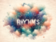 watercolor subliminal clipart featuring the word "Rhythms" in landscape orientation, with additional random words scattered around it.