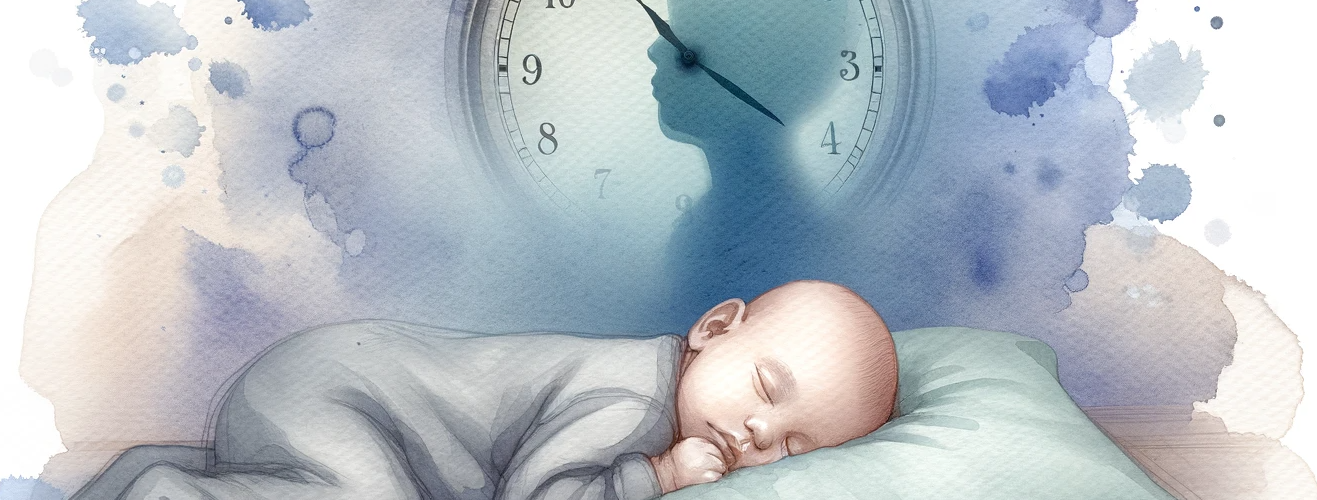 watercolor subliminal clipart image of a baby sleeping with a subtle depiction of a clock in the background. This image is designed in a landscape orientation to convey a sense of tranquility and restfulness.