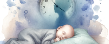 watercolor subliminal clipart image of a baby sleeping with a subtle depiction of a clock in the background. This image is designed in a landscape orientation to convey a sense of tranquility and restfulness.