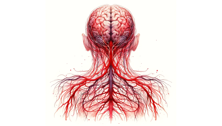 The watercolor subliminal clipart of a human diagram showing all the red nerves connecting to the brain.