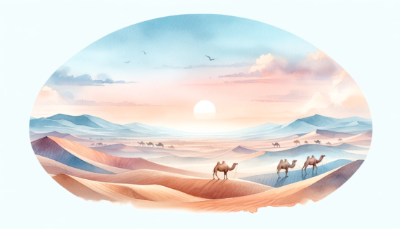 A watercolor subliminal clipart of a desert scene with camels