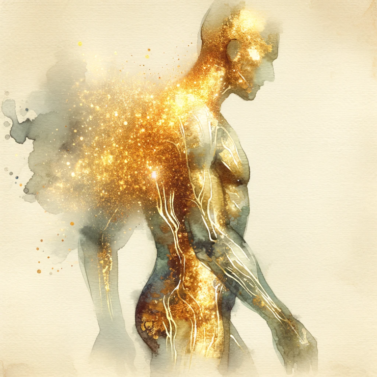 a watercolor subliminal clipart of a human body made of gold, created in a delicate and artistic style.