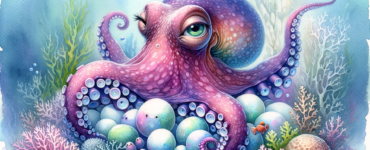 an octopus mother with her eggs, surrounded by small sea creatures in a whimsical and vibrant underwater setting.