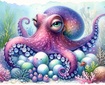 an octopus mother with her eggs, surrounded by small sea creatures in a whimsical and vibrant underwater setting.