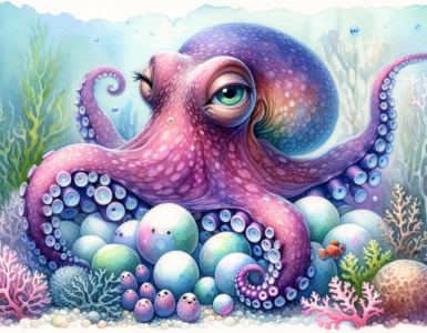 an octopus mother with her eggs, surrounded by small sea creatures in a whimsical and vibrant underwater setting.