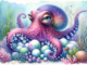 an octopus mother with her eggs, surrounded by small sea creatures in a whimsical and vibrant underwater setting.