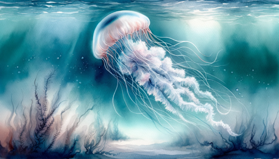 watercolor subliminal clipart of an immortal jellyfish underwater in landscape orientation.