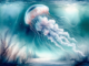 watercolor subliminal clipart of an immortal jellyfish underwater in landscape orientation.