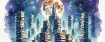 watercolor subliminal clipart showing papers stacked over one another, reaching the moon.