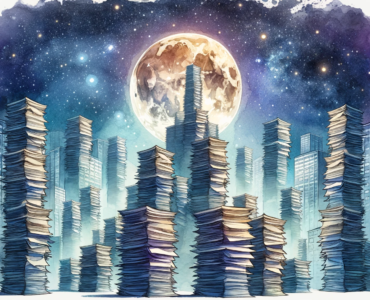 watercolor subliminal clipart showing papers stacked over one another, reaching the moon.