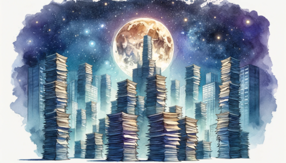 watercolor subliminal clipart showing papers stacked over one another, reaching the moon.