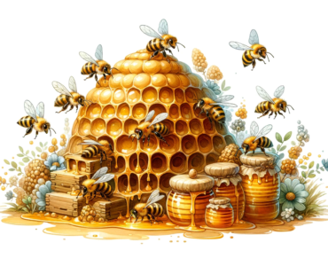 a watercolor painting of a cute group of bees in a beehive, surrounded by abundant honey. The whimsical and charming scene captures the bees buzzing around playfully with a soft, blended look typical of watercolor art.