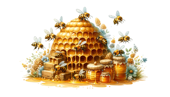 a watercolor painting of a cute group of bees in a beehive, surrounded by abundant honey. The whimsical and charming scene captures the bees buzzing around playfully with a soft, blended look typical of watercolor art.