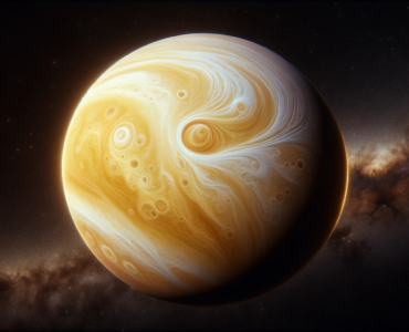 image of planet Venus as seen from space, depicted in a realistic and detailed manner, with its thick, swirling cloud cover and a backdrop of the vast cosmos.